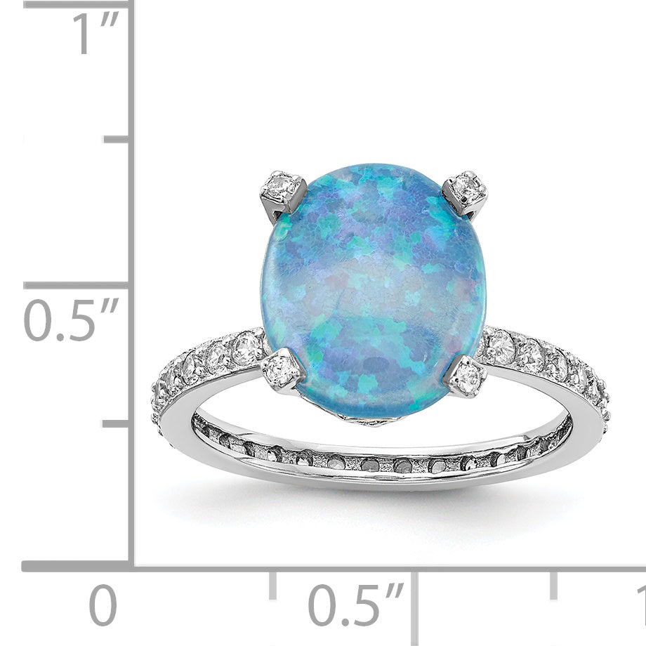 Sterling Silver Cheryl M Rhodium-Plated Cabochon Lab Created Blue Opal And Brilliant-Cut Cz Oval With Side Stones Ring