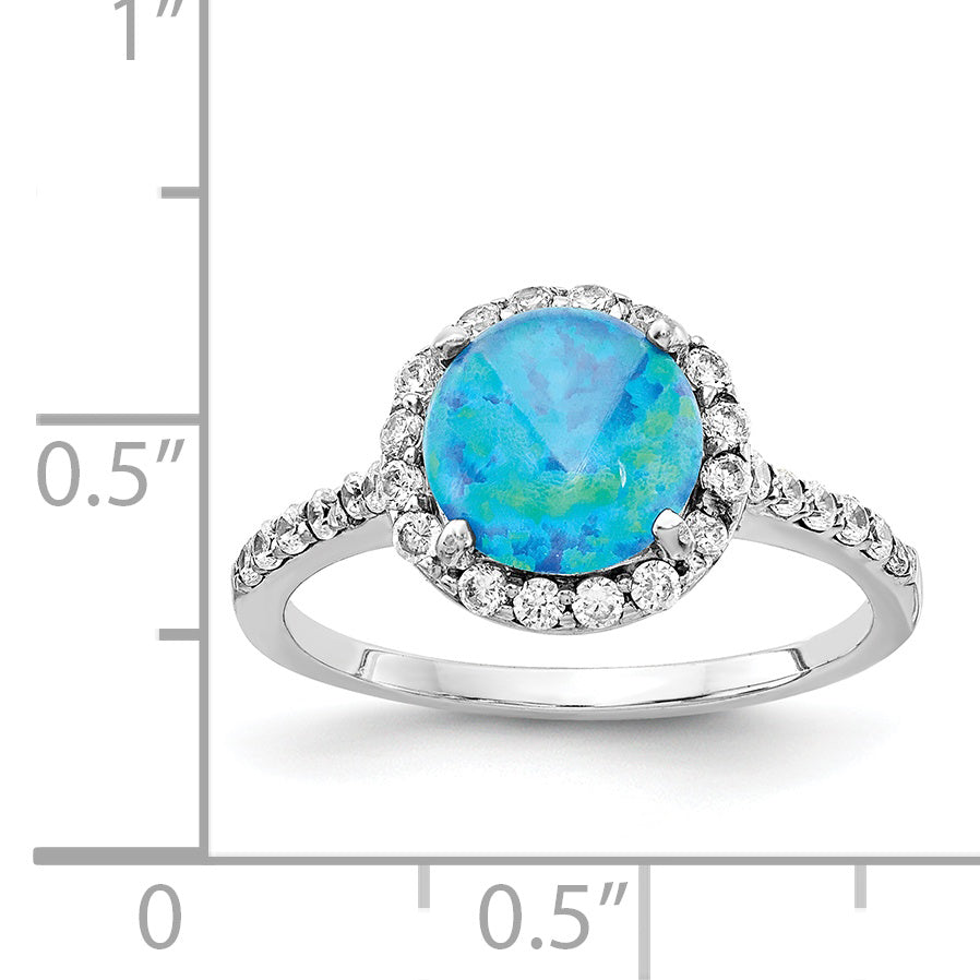 Sterling Silver Cheryl M Rhodium-Plated Cabochon Lab Created Blue Opal And Brilliant Cut Cz Halo With Side Stones Ring