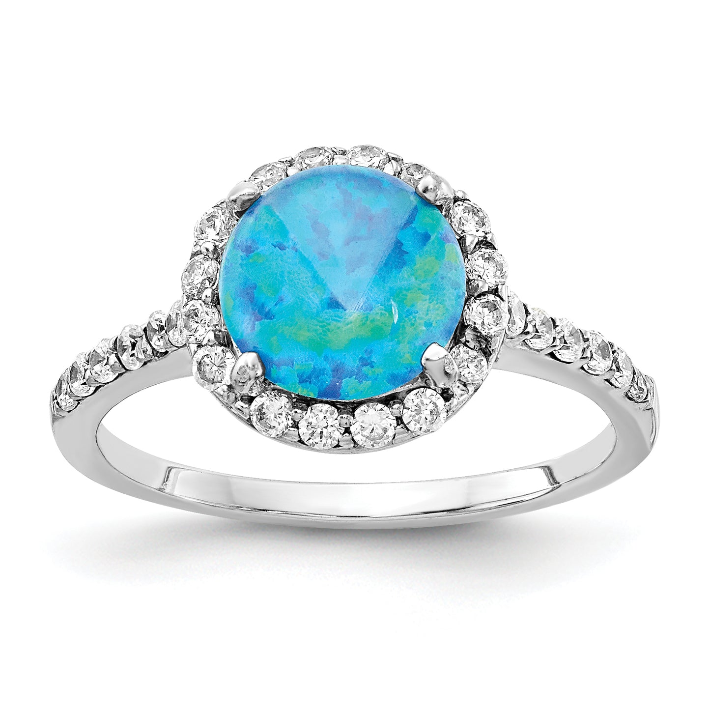 Sterling Silver Cheryl M Rhodium-Plated Cabochon Lab Created Blue Opal And Brilliant Cut Cz Halo With Side Stones Ring