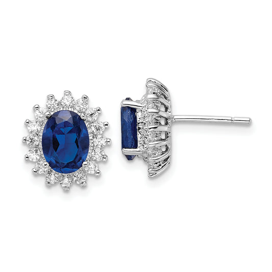 Sterling Silver Cheryl M Rhodium-Plated Brilliant-Cut Lab Created Dark Blue Spinel And White Cz Oval Halo Post Earrings