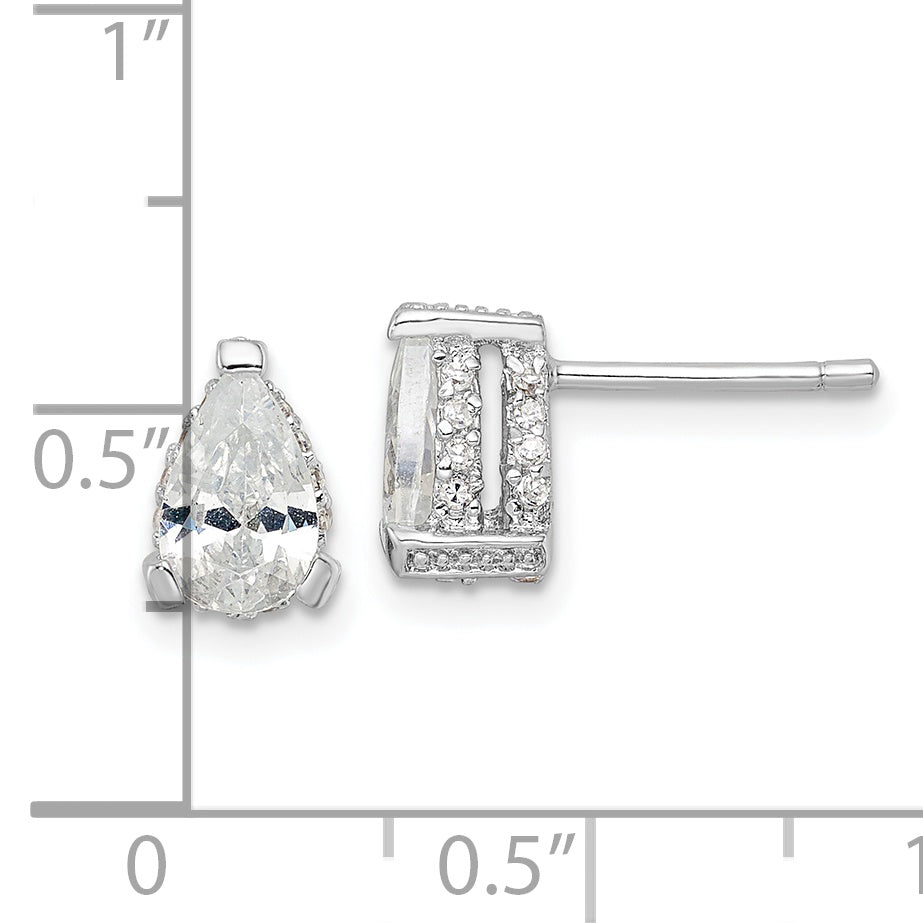 Sterling Silver Cheryl M Rhodium-Plated Brilliant-Cut Pear Shaped Cz With Pave Gallery Post Stud Earrings