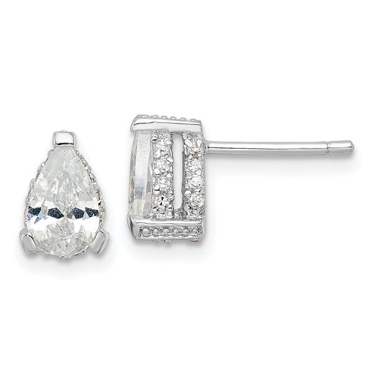 Sterling Silver Cheryl M Rhodium-Plated Brilliant-Cut Pear Shaped Cz With Pave Gallery Post Stud Earrings