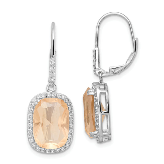 Sterling Silver Cheryl M Rhodium-Plated Peach Elongated Cushion-Cut Cz And White Brilliant-Cut Halo Leverback Dangle Earrings