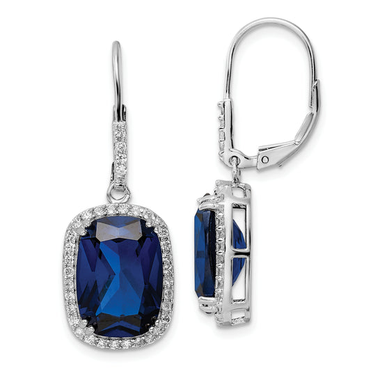 Sterling Silver Cheryl M Rhodium-Plated Elongated Cushion-Cut Lab Created Dark Blue Spinel And Brilliant-Cut White Cz Leverback Dangle Earrings