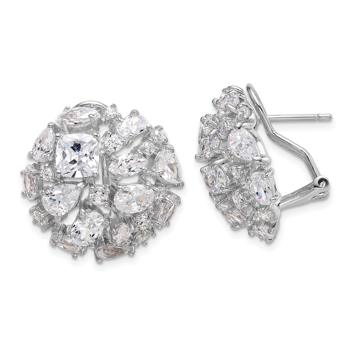 Sterling Silver Cheryl M Rhodium-Plated Cushion-Cut Marquise-Cut & Brilliant-Cut Cz Cluster Dome Post Omega Back Earrings