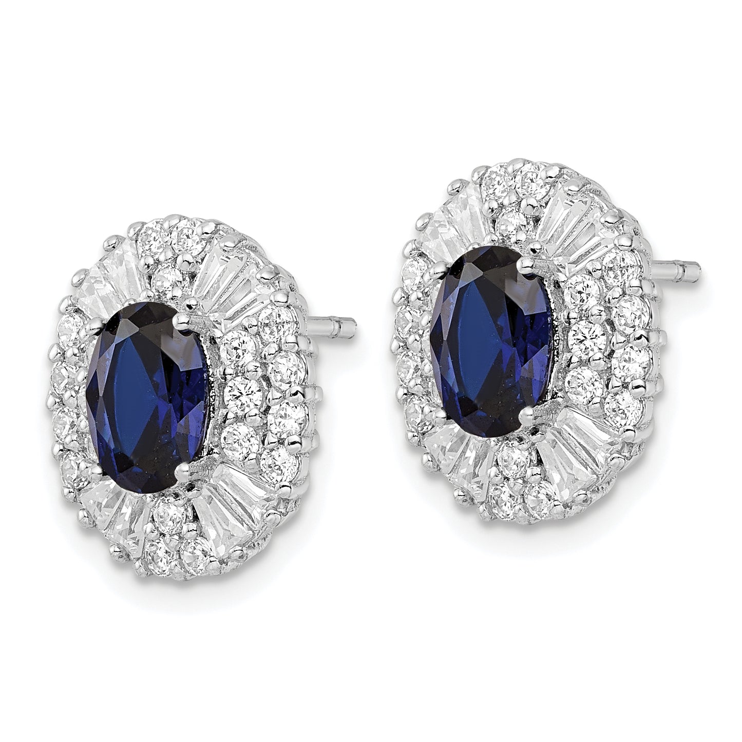 Sterling Silver Cheryl M Rhodium-Plated Brilliant-Cut Lab Created Dark Blue Spinel And Tapered Baguette-Cut/Brilliant-Cut White Cz Oval Halo Post Earrings