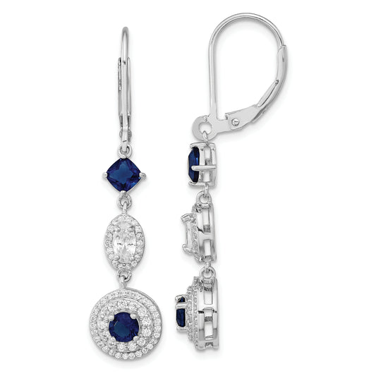 Sterling Silver Cheryl M Rhodium-Plated Cushion-Cut/Brilliant-Cut Blue Glass And Brilliant-Cut White Cz Leverback Dangle Earrings