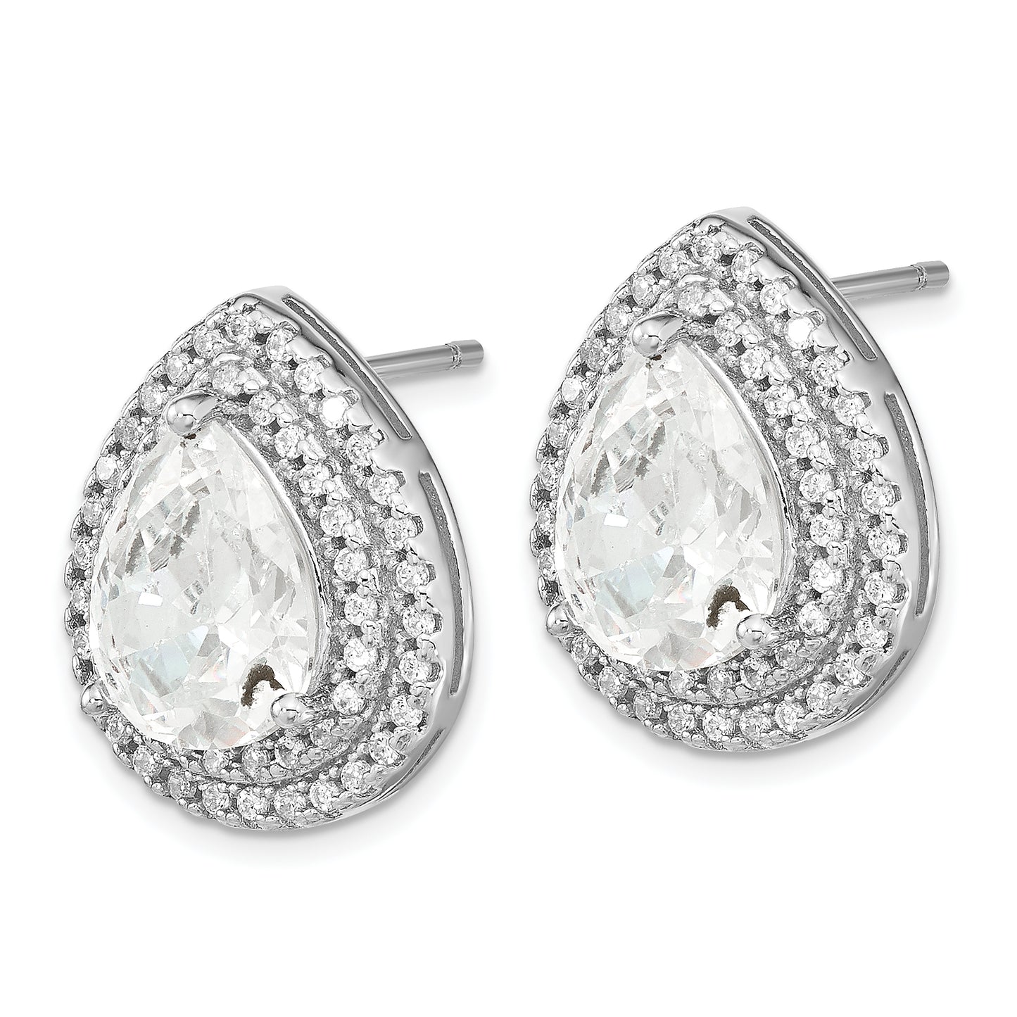 Sterling Silver Cheryl M Rhodium-Plated Brilliant-Cut Pear Shaped Cz Double Halo Post Earrings