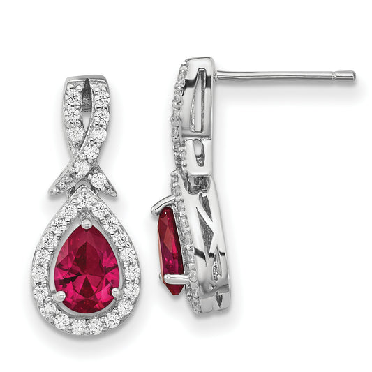 Sterling Silver Cheryl M Rhodium-Plated Brilliant-Cut Lab Created Ruby And White Cz Teardrop Post Dangle Earrings