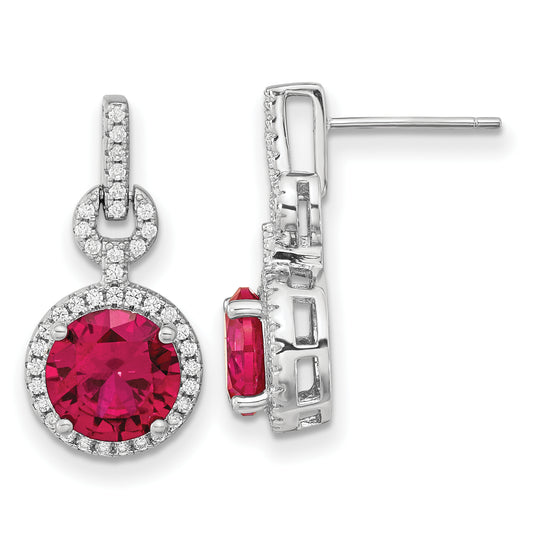 Sterling Silver Cheryl M Rhodium-Plated Brilliant-Cut Lab Created Ruby And White Cz Round Halo Post Dangle Earrings