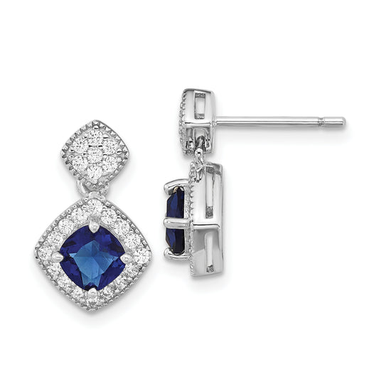 Sterling Silver Cheryl M Rhodium-Plated Cushion-Cut Blue Glass And Brilliant-Cut White Cz Post Dangle Earrings