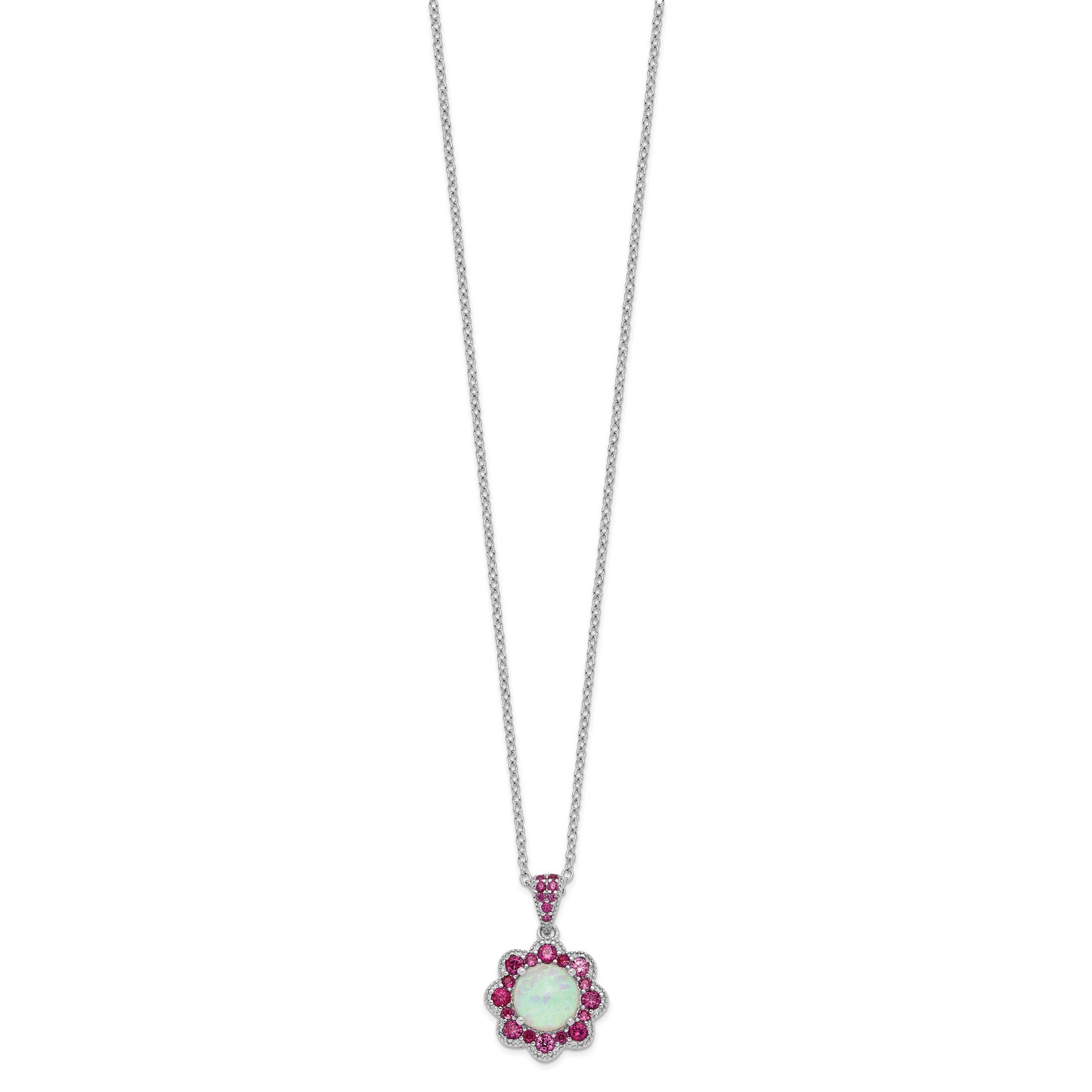 Sterling Silver Cheryl M Rhodium-Plated Cabochon Lab Created Opal And Brilliant-Cut Red Nano Crystal Flower 18 Inch Necklace