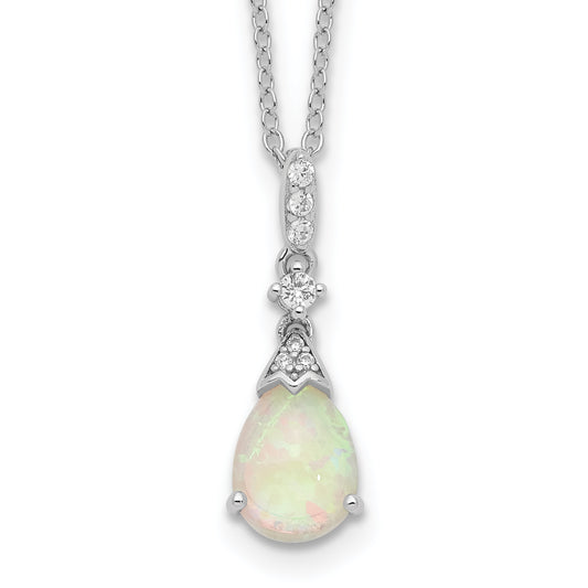 Sterling Silver Cheryl M Rhodium-Plated Cabochon Lab Created Opal And Brilliant-Cut Cz Teardrop 18 Inch Necklace