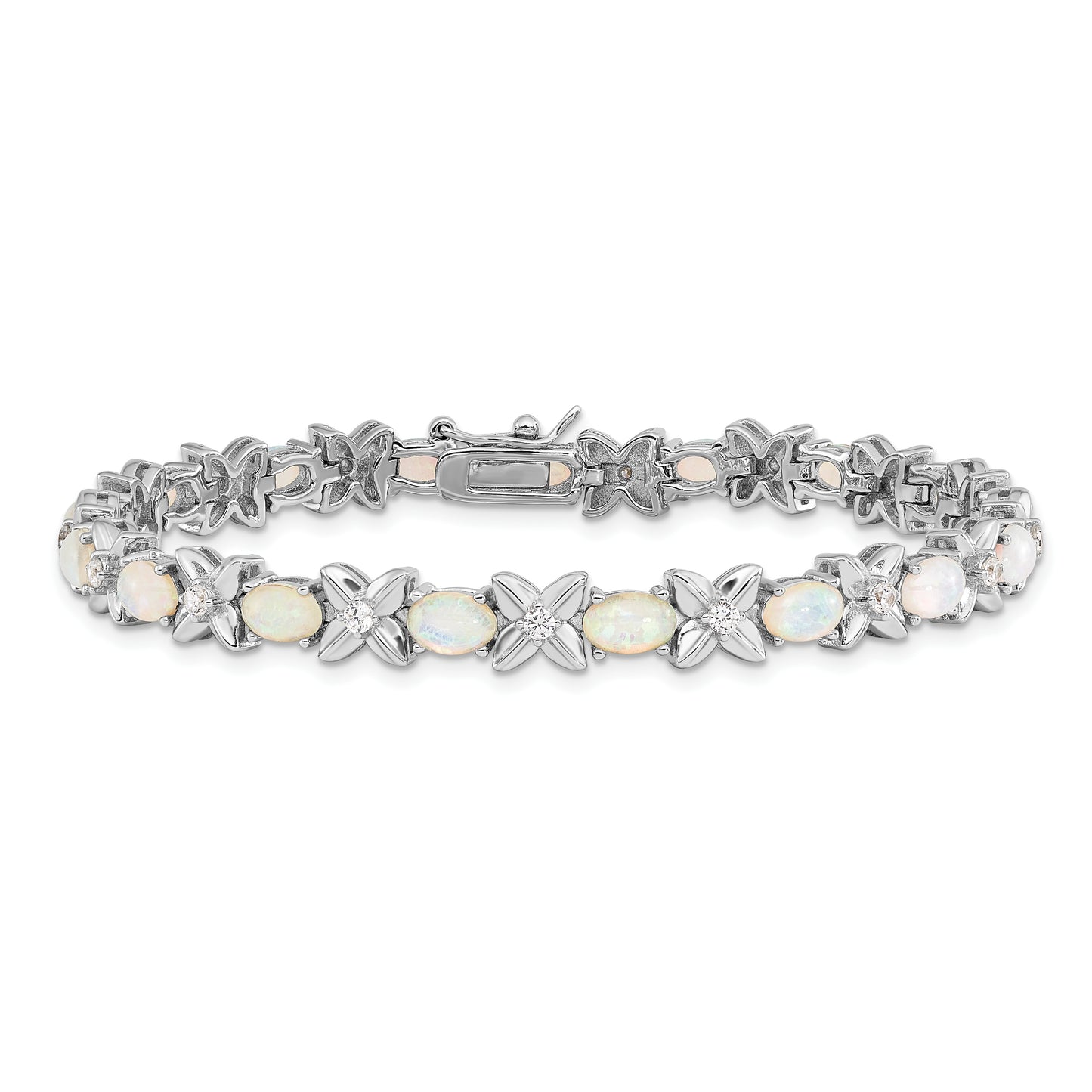 Sterling Silver Cheryl M Rhodium-Plated Fancy X And O Cabochon Lab Created Opal Brilliant-Cut Cz 7.25 Inch Bracelet