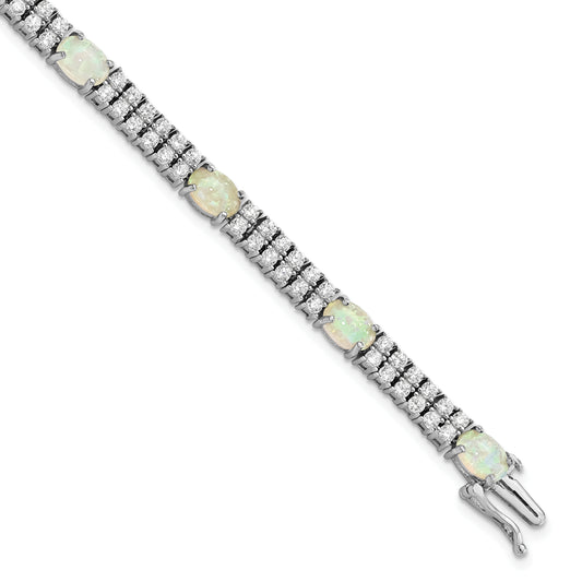 Sterling Silver Cheryl M Rhodium-Plated Fancy Cabochon Lab Created Opal And Brilliant-Cut Cz 7.5 Inch Bracelet