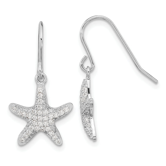 Sterling Silver Cheryl M Rhodium-Plated Brilliant-Cut Pave Cz Starfish Shepherd Hook Dangle Earrings