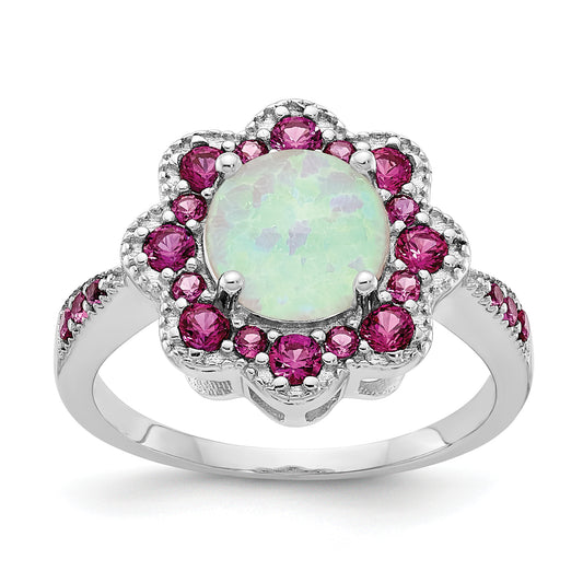 Sterling Silver Cheryl M Rhodium-Plated Cabochon Lab Created Opal And Brilliant-Cut Red Nano Crystal Flower Ring