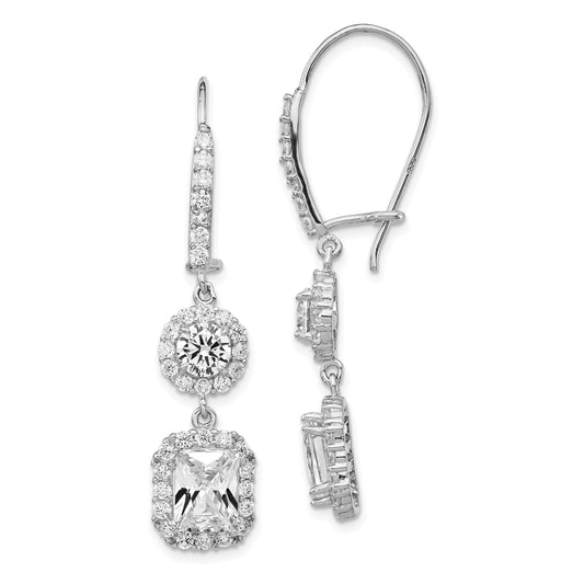 Sterling Silver Cheryl M Rhodium-Plated Elongated Cushion-Cut And Brilliant-Cut Cz Halo Kidney Wire Dangle Earrings