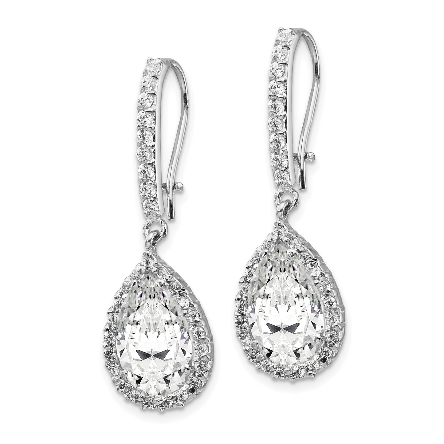 Sterling Silver Cheryl M Rhodium-Plated Checkerboard-Cut Pear Shaped And Brilliant-Cut Cz Halo Kidney Wire Dangle Earrings