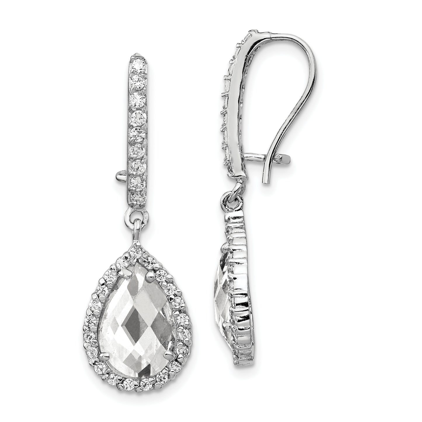 Sterling Silver Cheryl M Rhodium-Plated Checkerboard-Cut Pear Shaped And Brilliant-Cut Cz Halo Kidney Wire Dangle Earrings