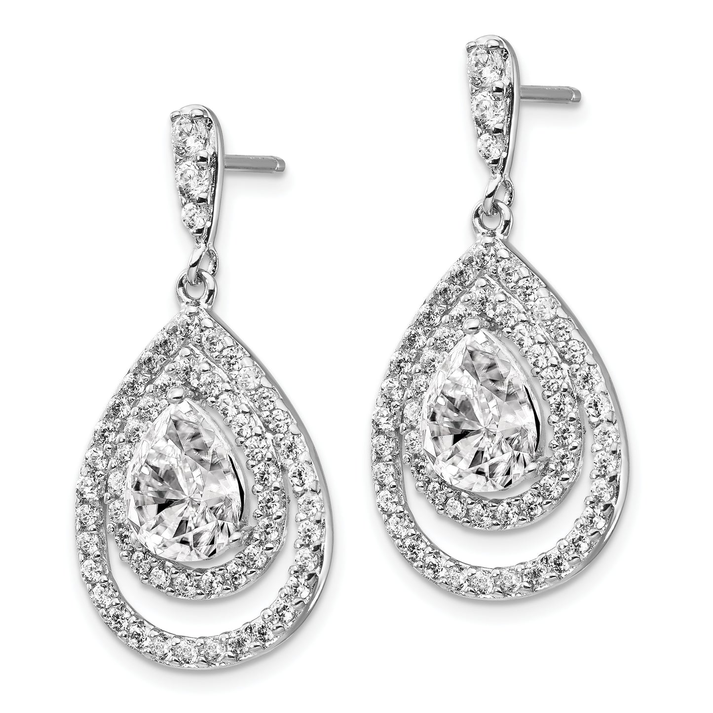 Sterling Silver Cheryl M Rhodium-Plated Brilliant-Cut Pear Shaped Cz Double Halo Post Dangle Earrings