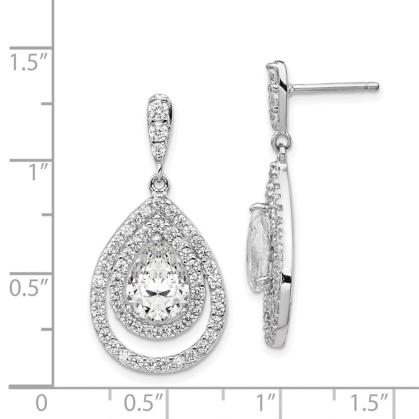 Sterling Silver Cheryl M Rhodium-Plated Brilliant-Cut Pear Shaped Cz Double Halo Post Dangle Earrings