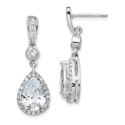 Sterling Silver Cheryl M Rhodium-Plated Brilliant-Cut Cz Teardrop And Bezel Halo Post Dangle Earrings