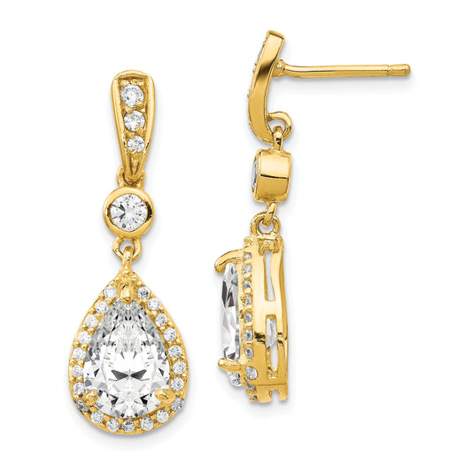 Sterling Silver Cheryl M Gold-Plated Brilliant-Cut Cz Teardrop And Bezel Halo Post Dangle Earrings