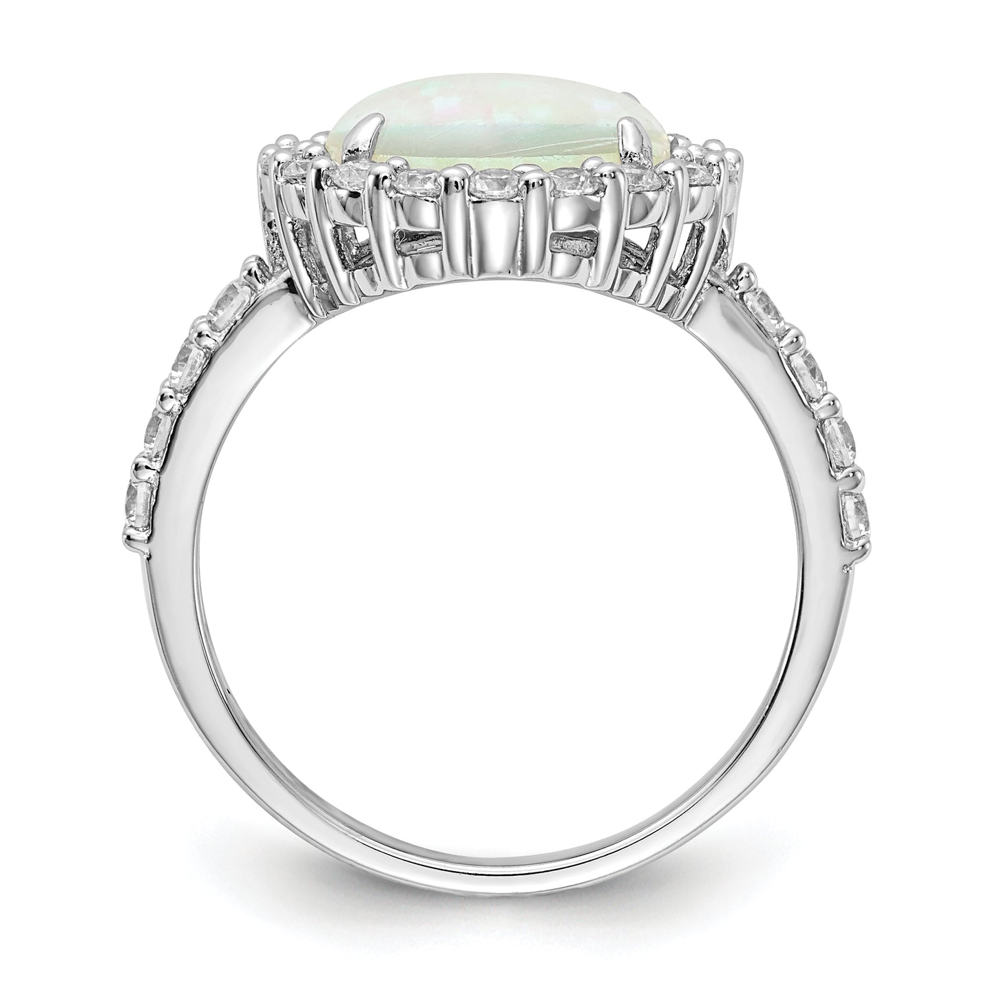 Sterling Silver Cheryl M Rhodium-Plated Cabochon Lab Created Opal And Brilliant-Cut Cz Halo Ring