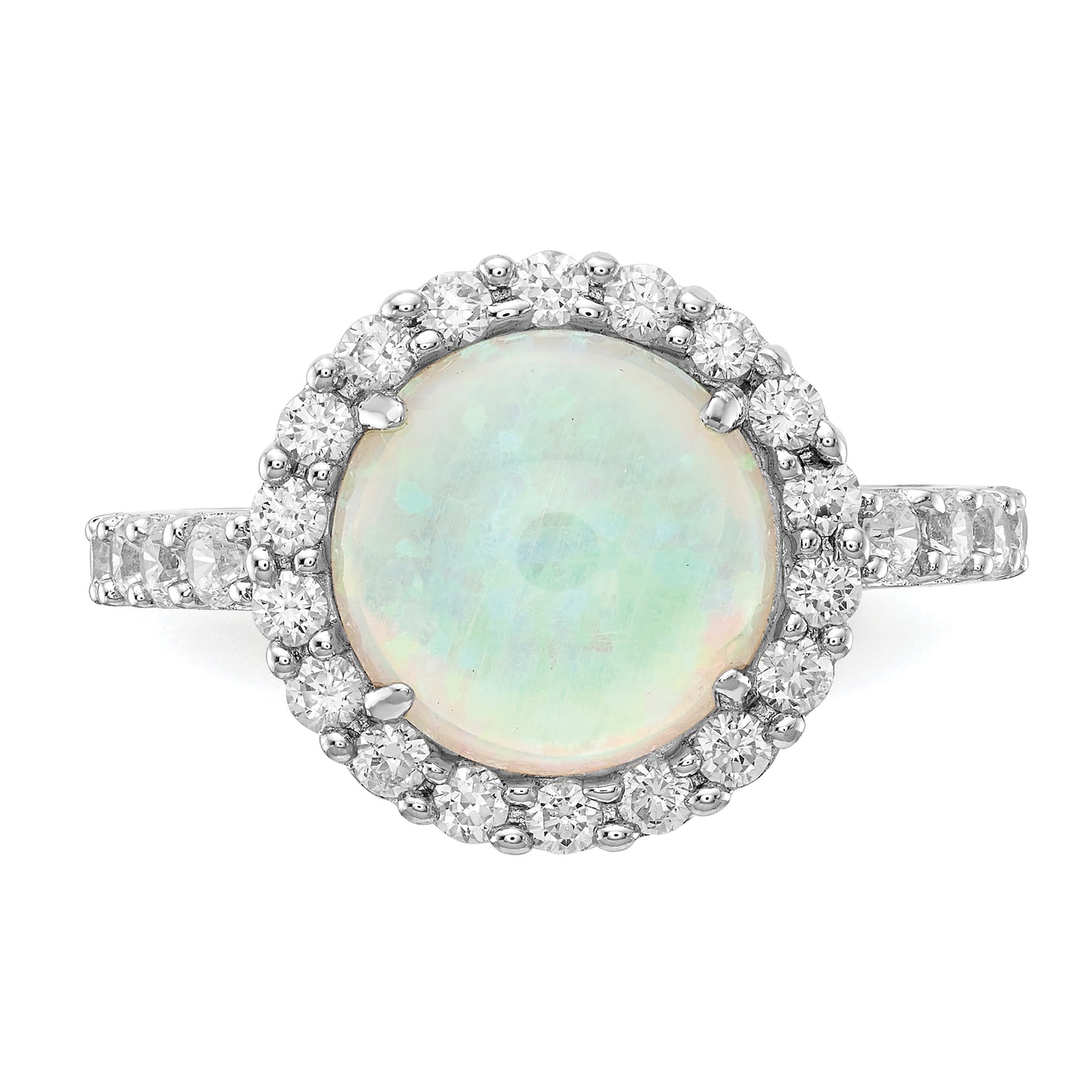 Sterling Silver Cheryl M Rhodium-Plated Cabochon Lab Created Opal And Brilliant-Cut Cz Halo Ring