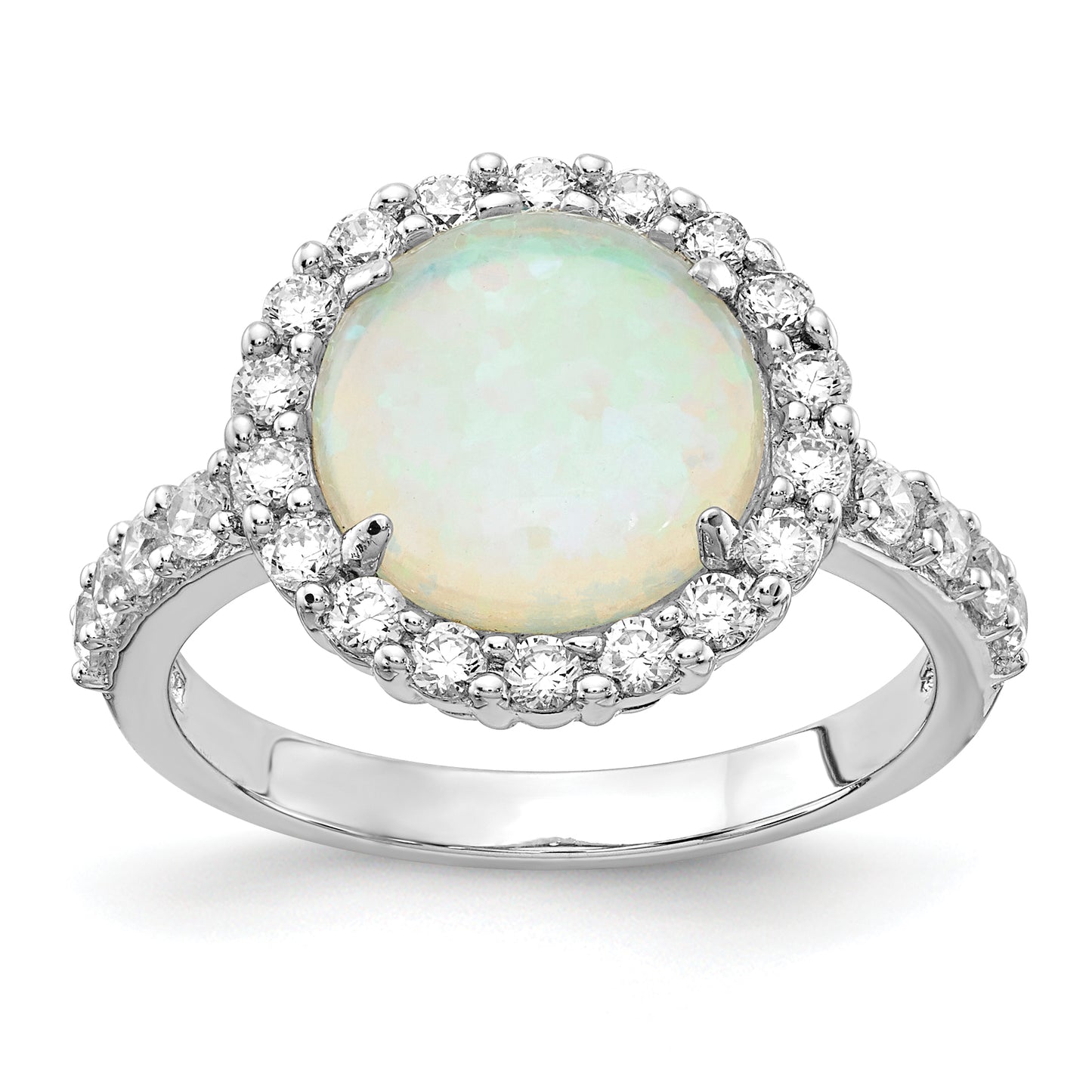 Sterling Silver Cheryl M Rhodium-Plated Cabochon Lab Created Opal And Brilliant-Cut Cz Halo Ring