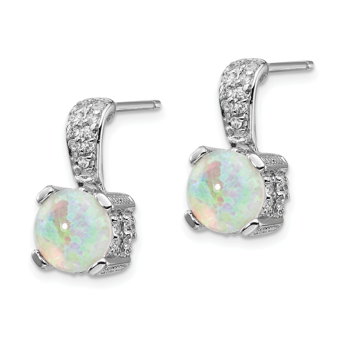 Sterling Silver Cheryl M Rhodium-Plated 8mm Cabochon Lab Created Opal And Brilliant-Cut Cz Post Dangle Earrings