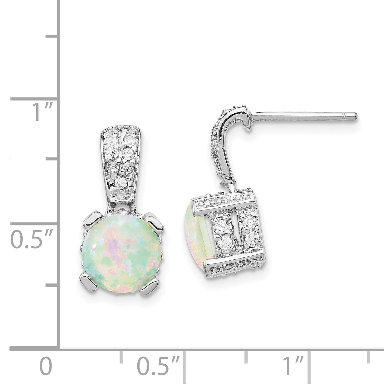 Sterling Silver Cheryl M Rhodium-Plated 8mm Cabochon Lab Created Opal And Brilliant-Cut Cz Post Dangle Earrings