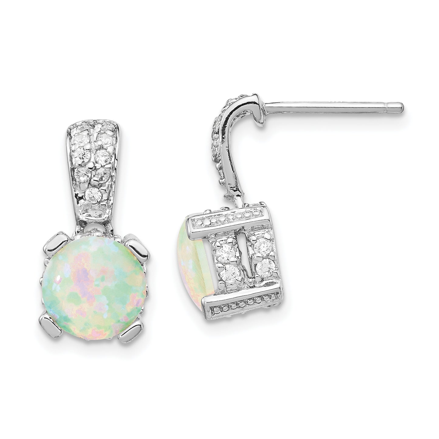 Sterling Silver Cheryl M Rhodium-Plated 8mm Cabochon Lab Created Opal And Brilliant-Cut Cz Post Dangle Earrings