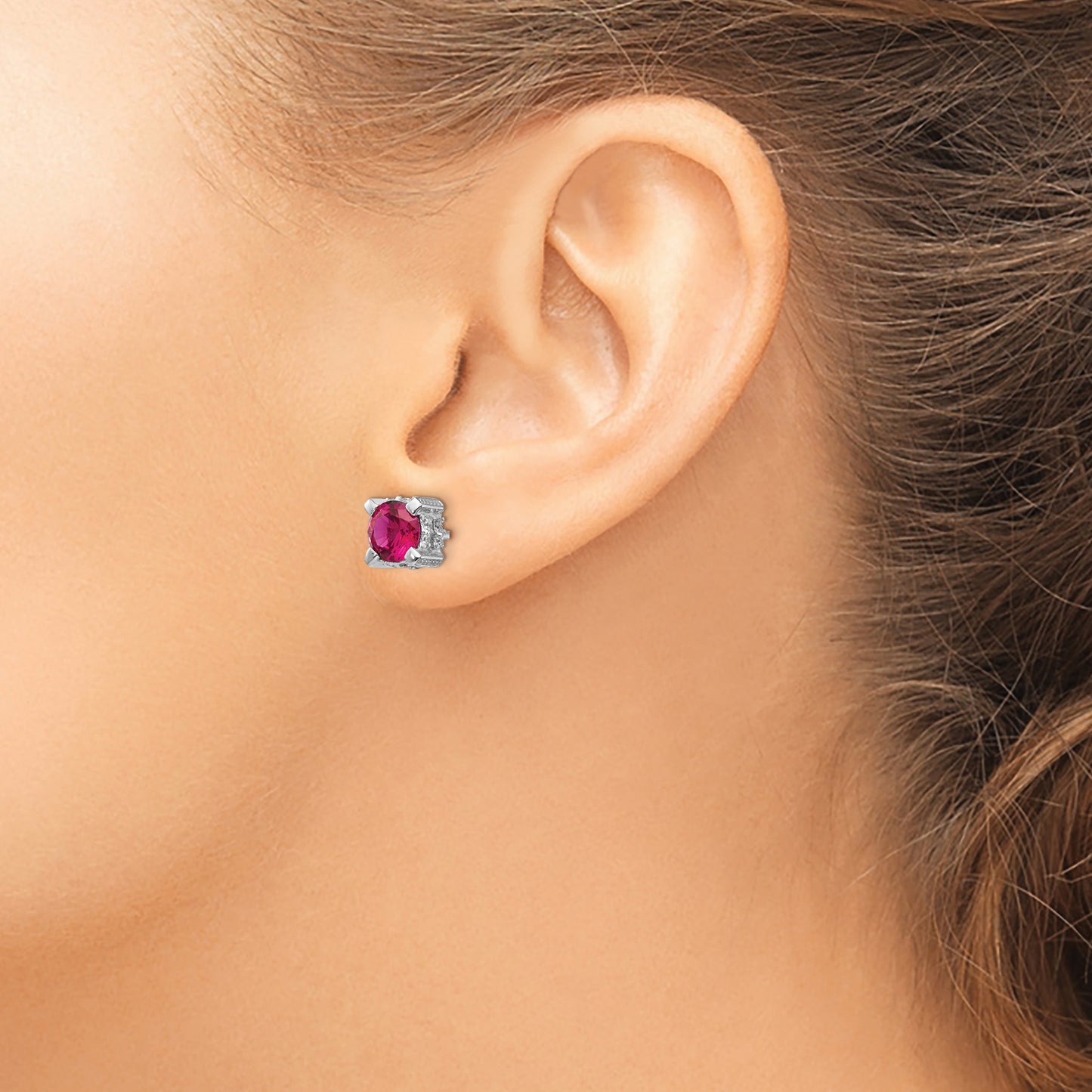 Sterling Silver Cheryl M Rhodium-Plated Brilliant-Cut 6.5mm Lab Created Ruby And White Cz Stud Post Earrings