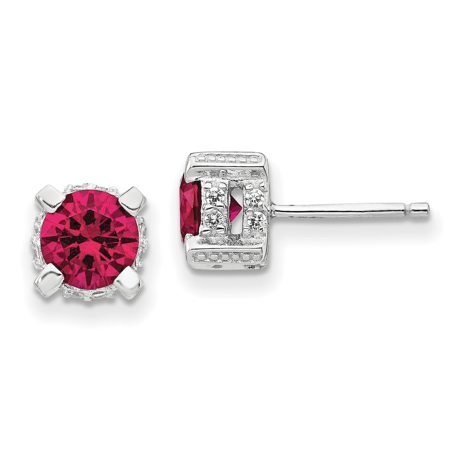 Sterling Silver Cheryl M Rhodium-Plated Brilliant-Cut 6.5mm Lab Created Ruby And White Cz Stud Post Earrings