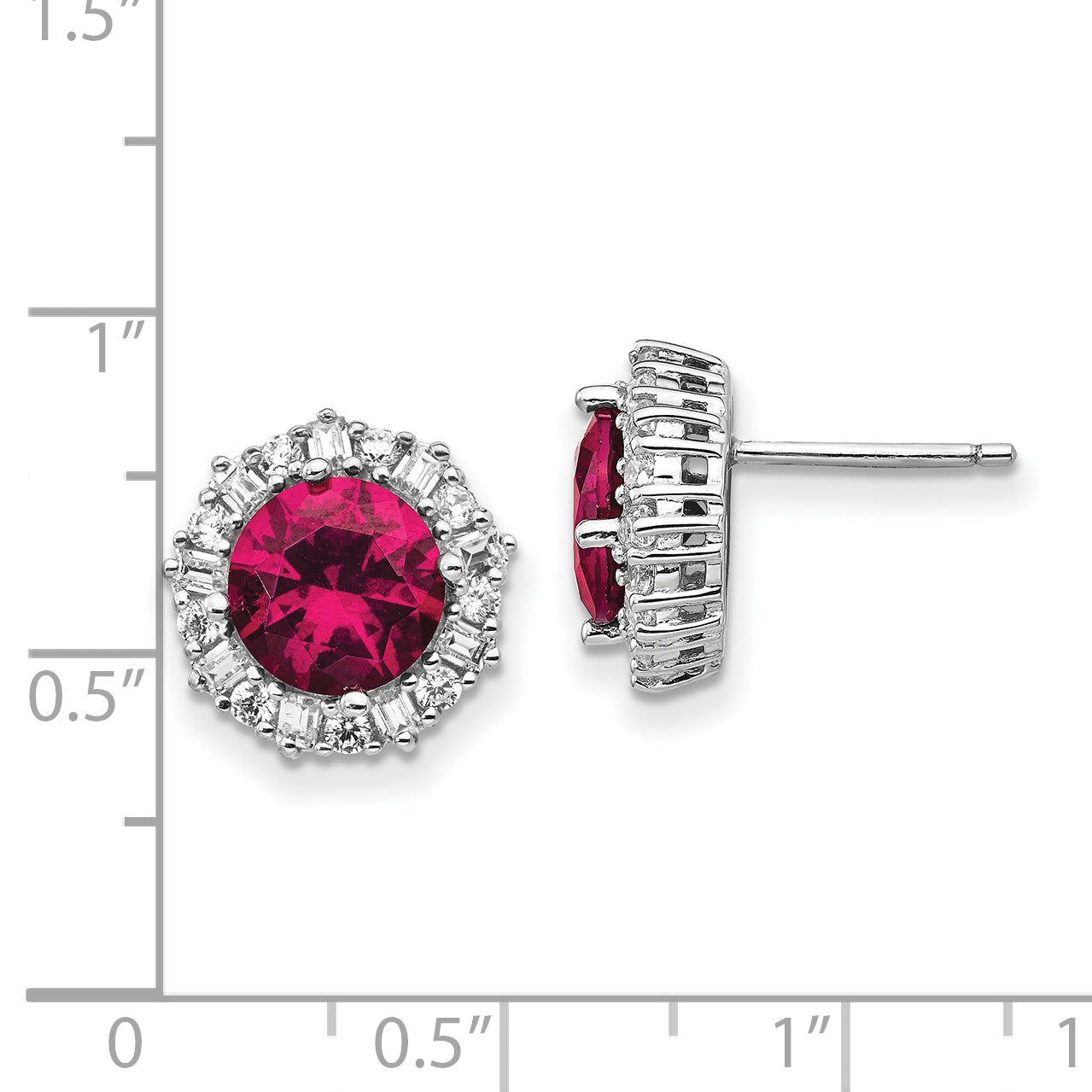 Sterling Silver Cheryl M Rhodium-Plated Brilliant-Cut Lab Created Ruby And Brilliant-Cut/Baguette-Cut White Cz Post Earrings