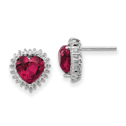 Sterling Silver Cheryl M Rhodium-Plated 100 Facet Lab Created Ruby And Brilliant-Cut White Cz Heart Halo Post Earrings