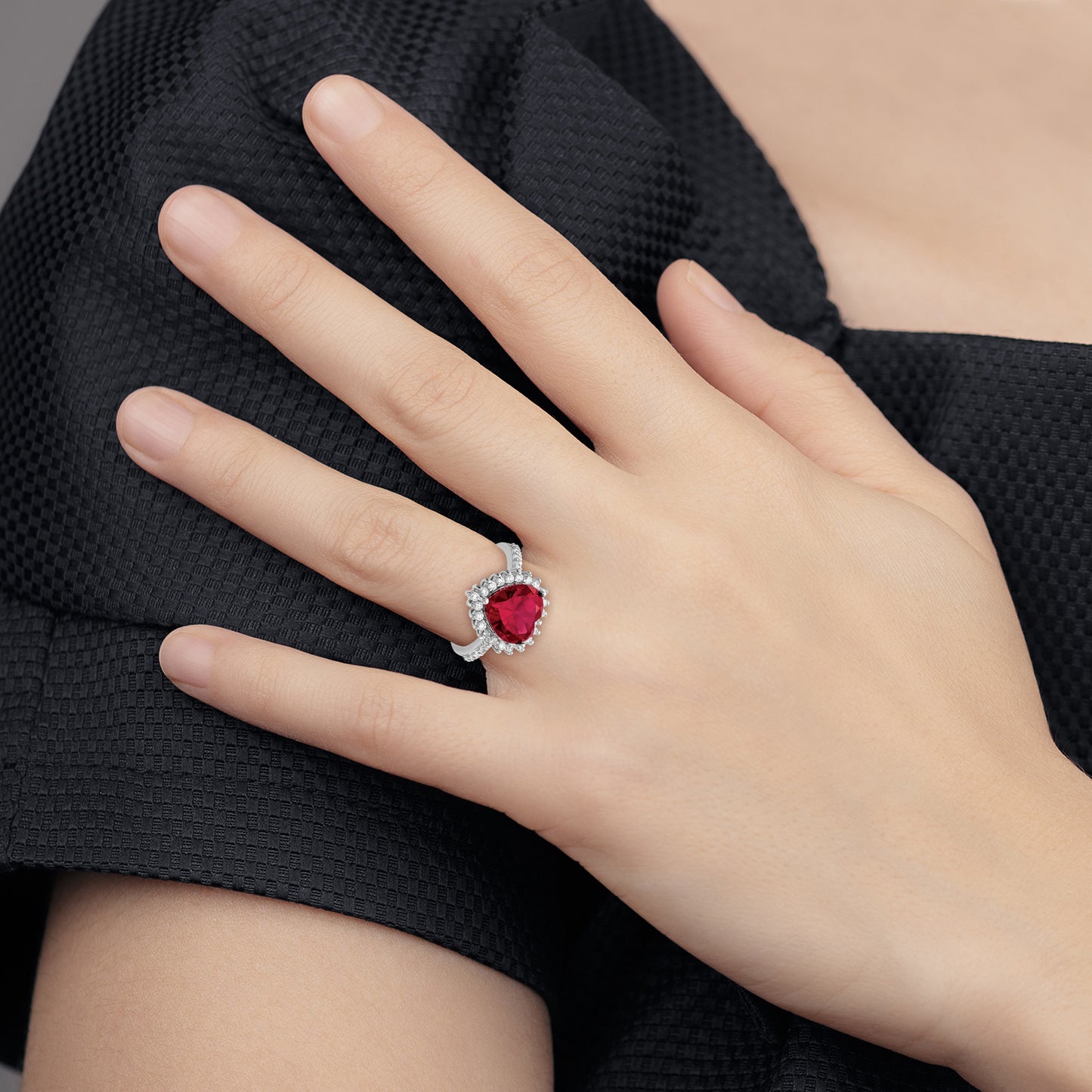 Sterling Silver Cheryl M Rhodium-Plated 100 Facet Lab Created Ruby And Brilliant-Cut White Cz Heart Halo Ring