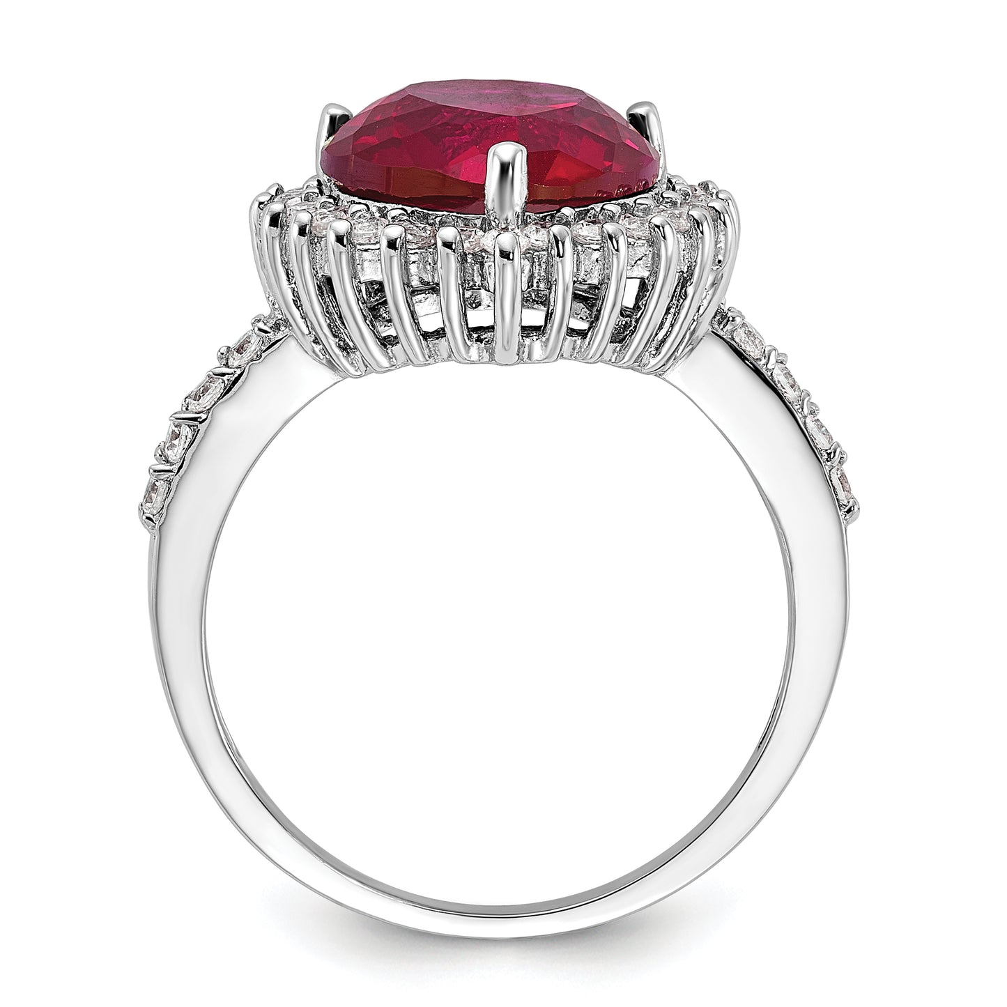 Sterling Silver Cheryl M Rhodium-Plated 100 Facet Lab Created Ruby And Brilliant-Cut White Cz Heart Halo Ring