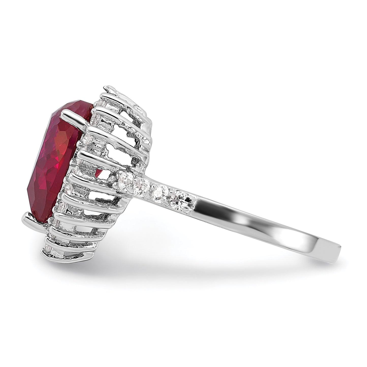 Sterling Silver Cheryl M Rhodium-Plated 100 Facet Lab Created Ruby And Brilliant-Cut White Cz Heart Halo Ring