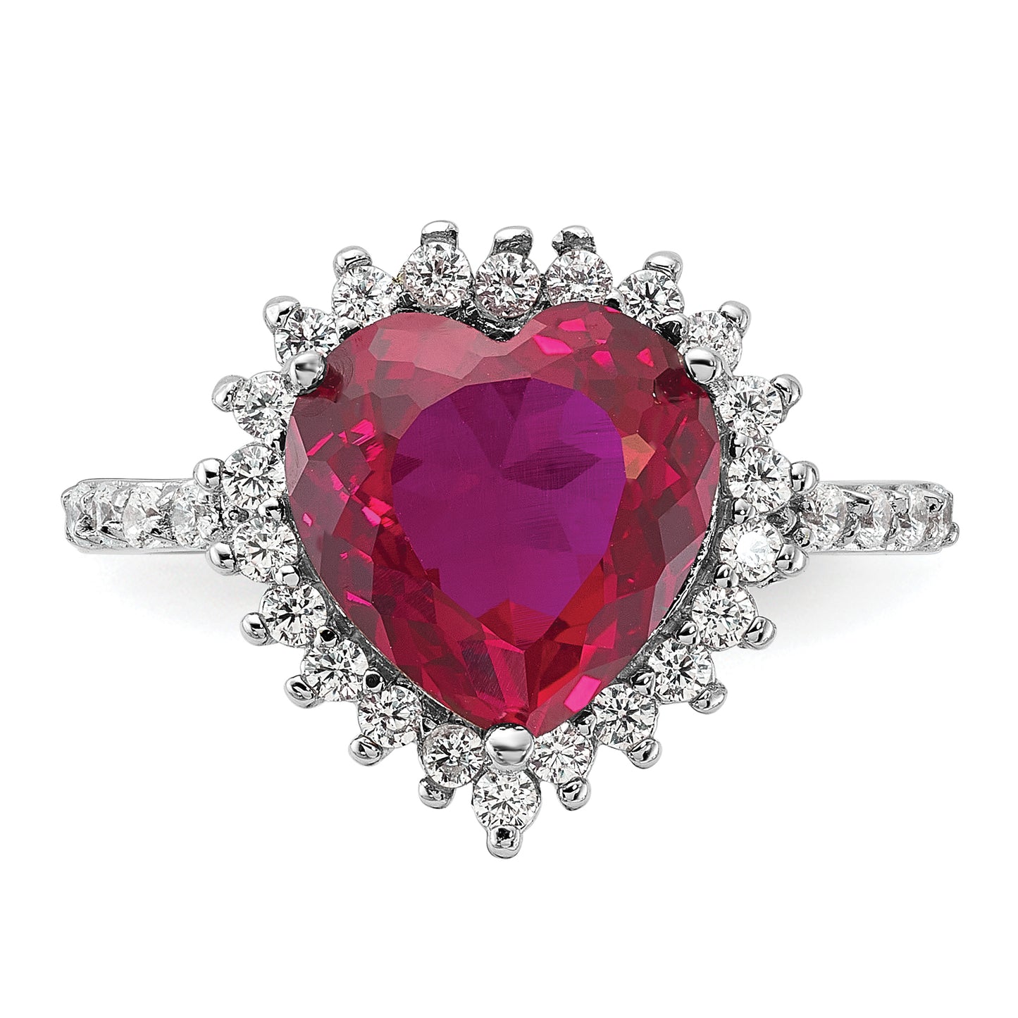 Sterling Silver Cheryl M Rhodium-Plated 100 Facet Lab Created Ruby And Brilliant-Cut White Cz Heart Halo Ring