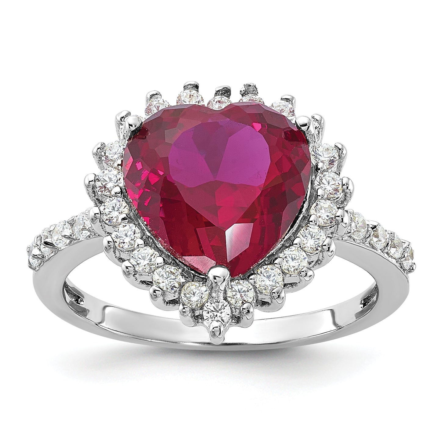 Sterling Silver Cheryl M Rhodium-Plated 100 Facet Lab Created Ruby And Brilliant-Cut White Cz Heart Halo Ring