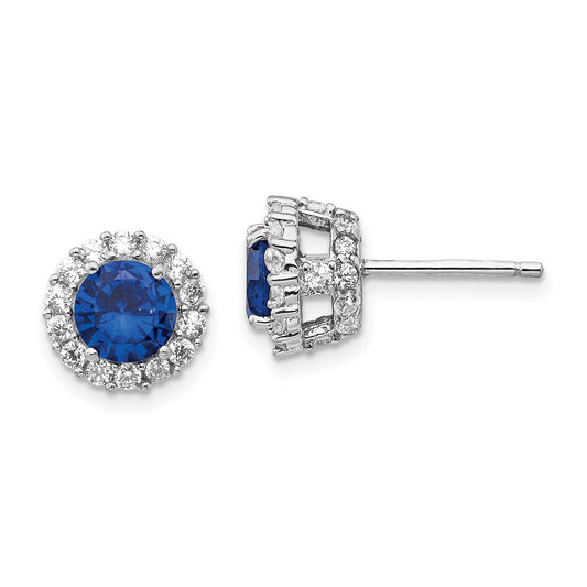 Sterling Silver Cheryl M Rhodium-Plated Brilliant-Cut Lab Created Dark Blue Spinel And White Cz Round Halo Post Earrings