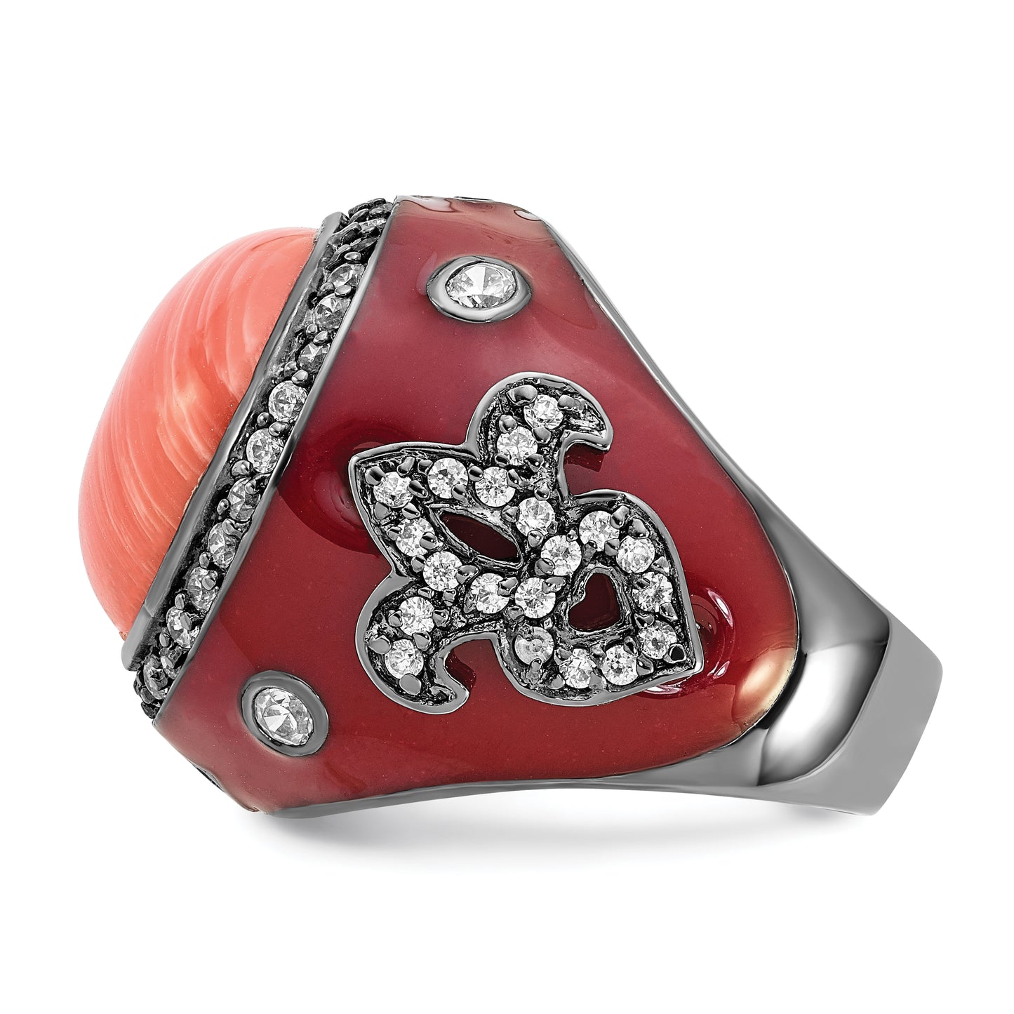 Sterling Silver Black Rhodium-Plated Red Enamel Simulated Coral & Cz Fleur De Lis Ring