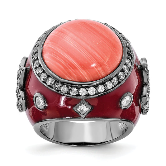 Sterling Silver Black Rhodium-Plated Red Enamel Simulated Coral & Cz Fleur De Lis Ring