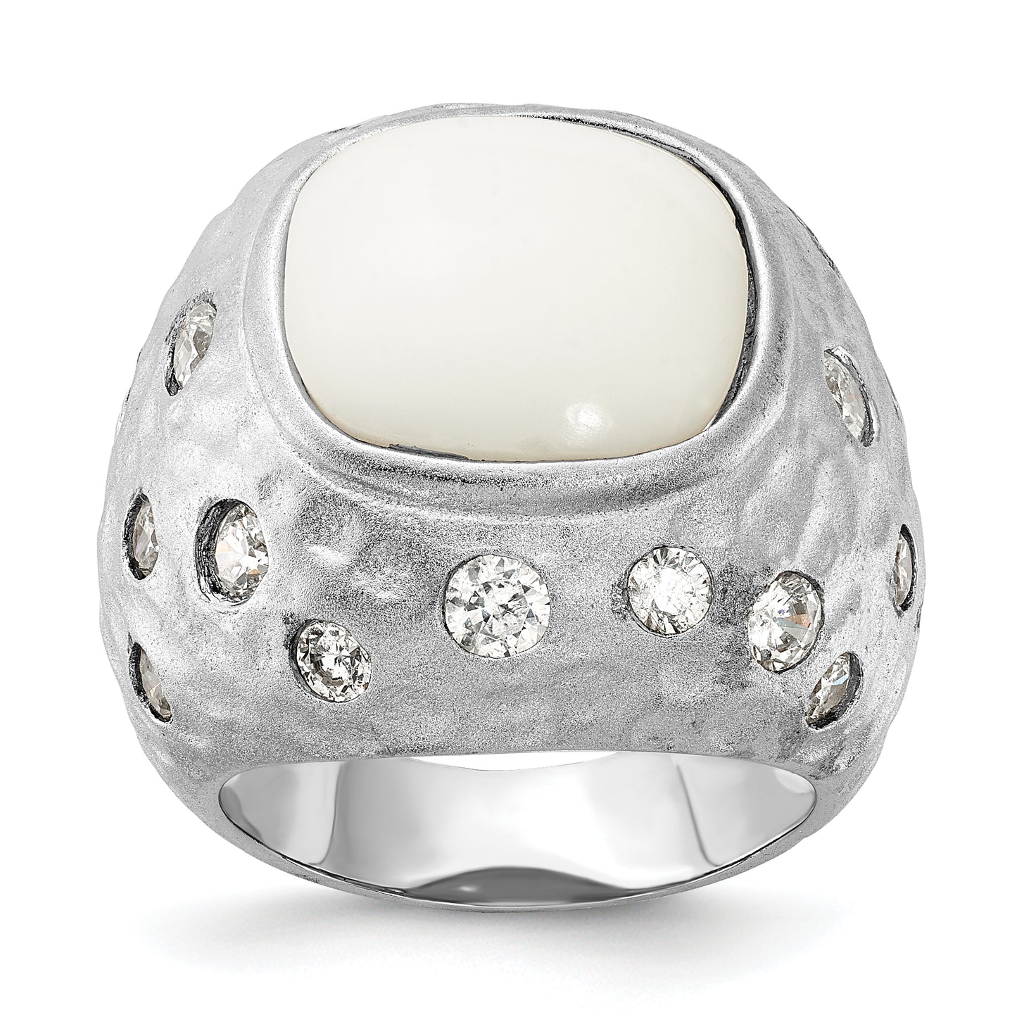 Sterling Silver Cheryl M Satin Simulated White Agate & Cz Ring