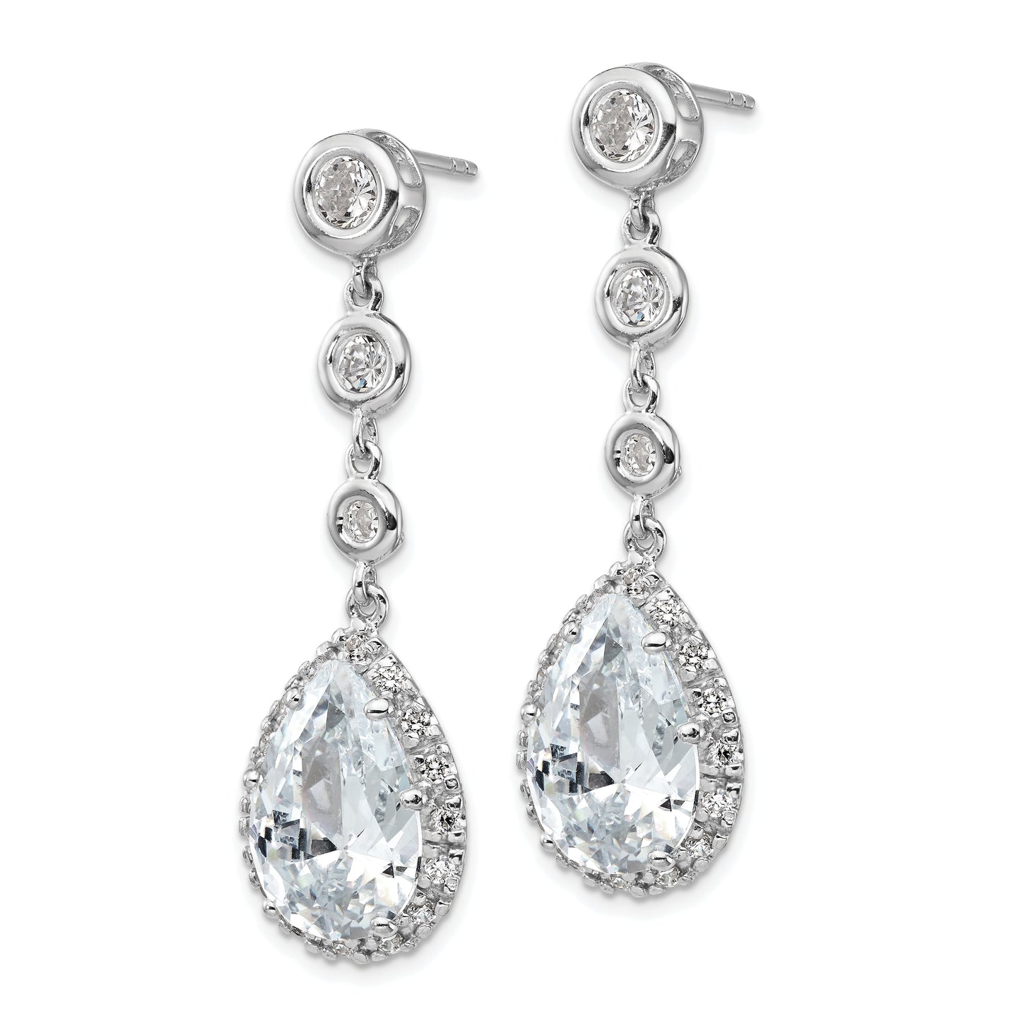 Sterling Silver Cheryl M Rhodium-Plated Brilliant-Cut Cz Bezel & Teardrop Halo Post Dangle Earrings