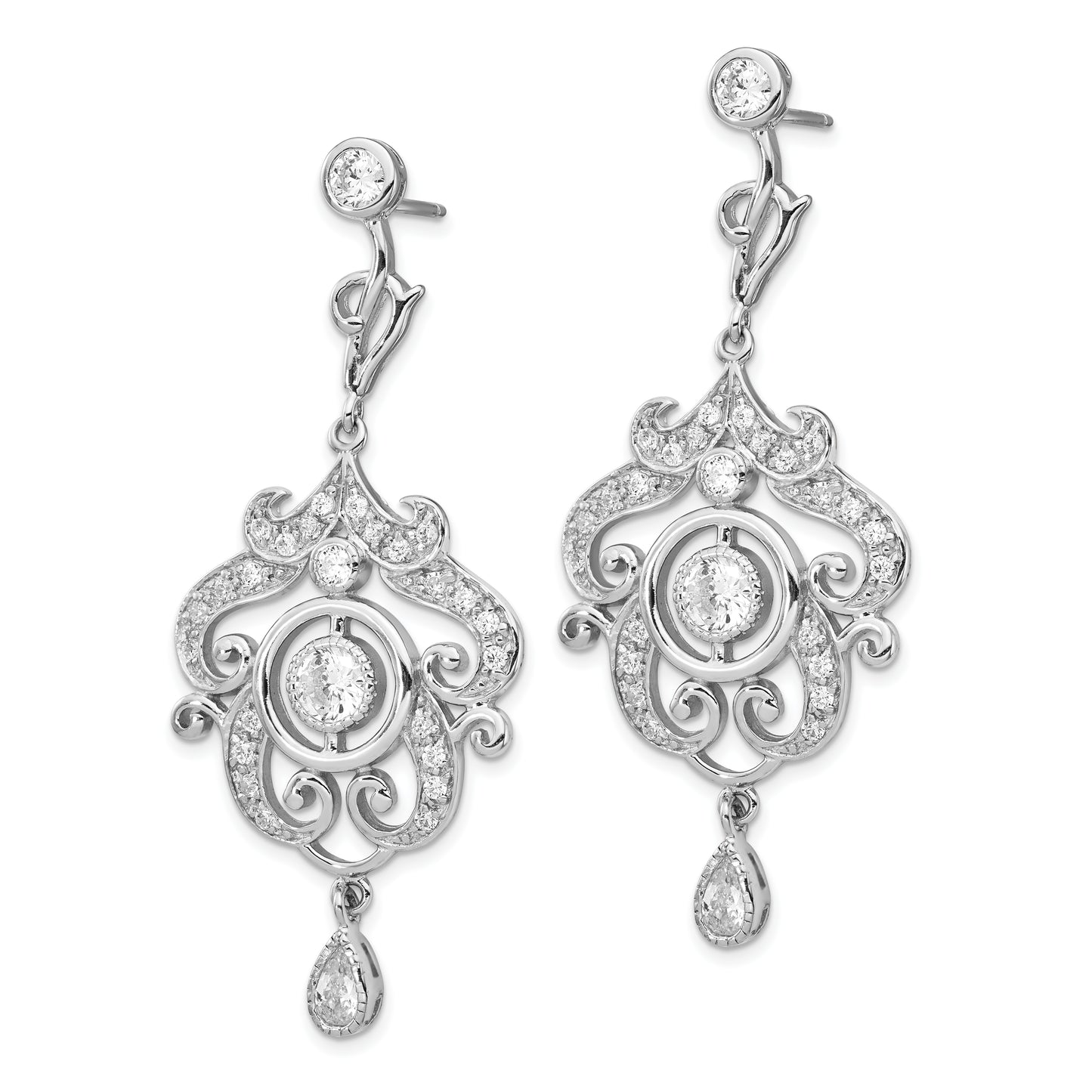 Sterling Silver Cheryl M Rhodium-Plated Brilliant-Cut Bezel Cz Fancy Chandelier Post Dangle Earrings