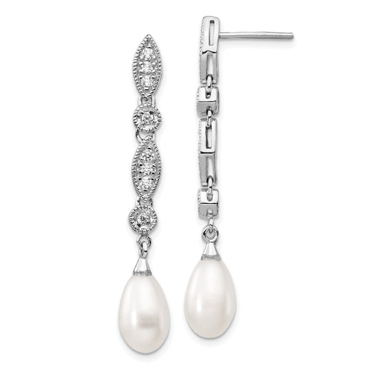 Sterling Silver Cheryl M Rhodium-Plated Teardrop Freshwater Cultured Pearl And Brilliant-Cut Cz Post Dangle Earrings